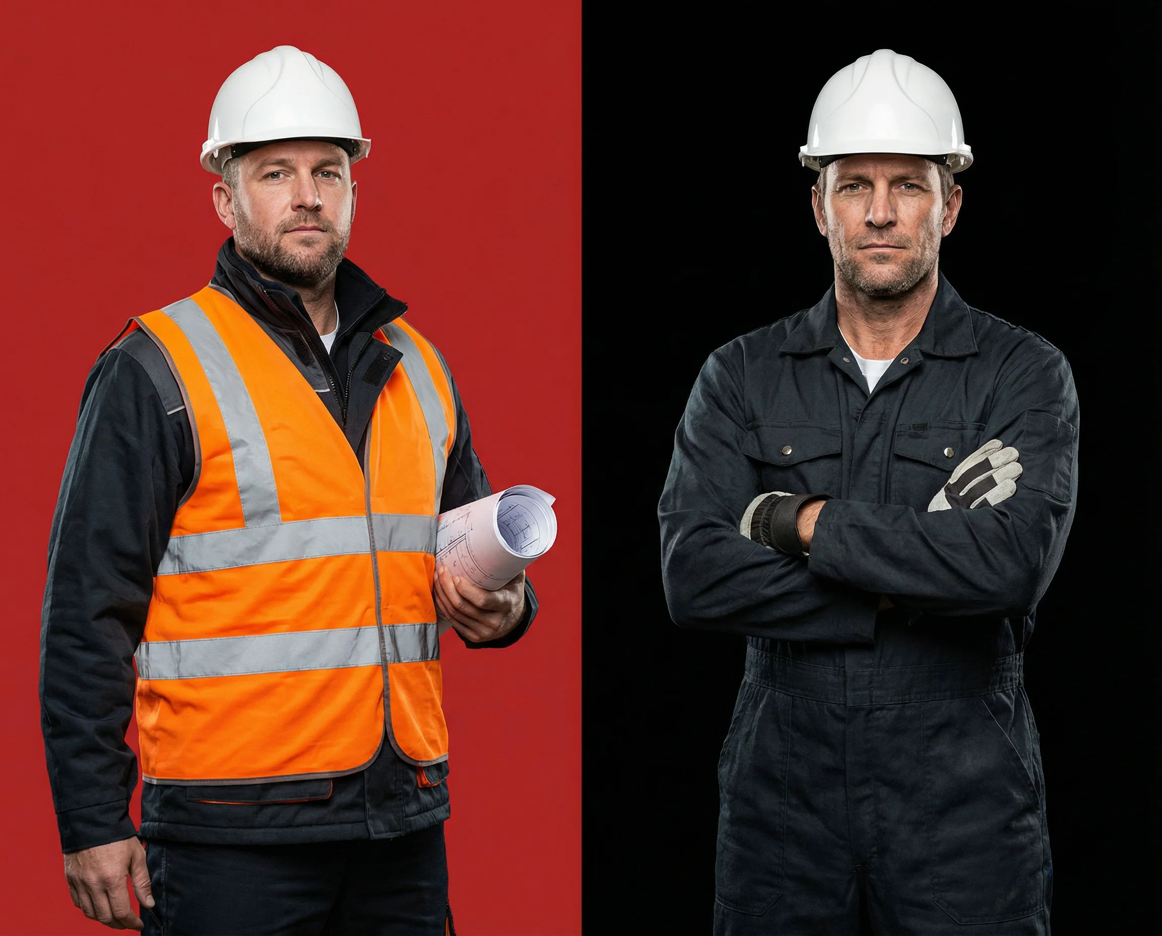 Спецодежда для строительства — рабочий в сигнальном жилете и каске на стройплощадке